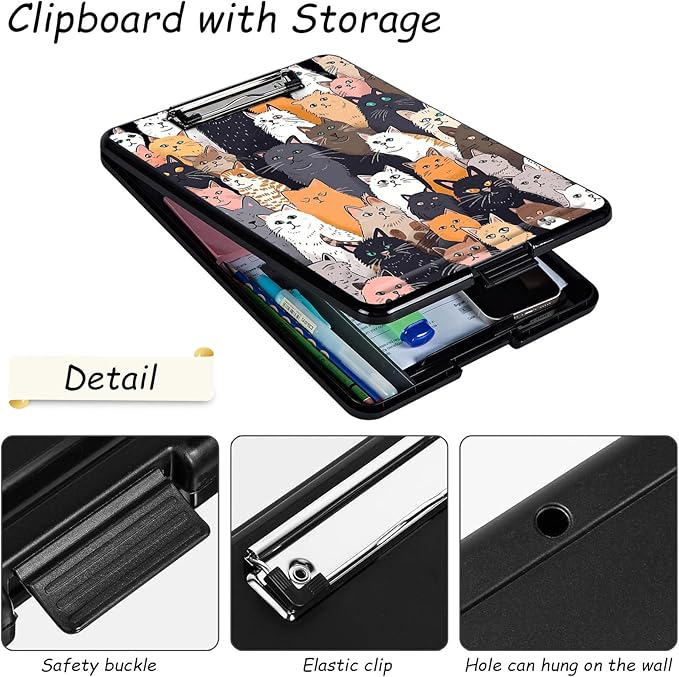 Clipboard with Storage, High Capacity Plastic Storage Clipboard with Low Profile Clip for Women Teachers Work, School & Office Supplies, Cute Pattern Decorative Clipboards, Cat