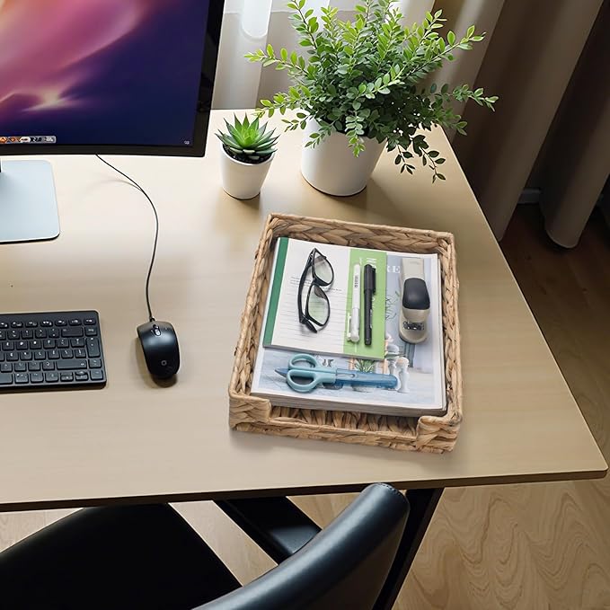 Water Hyacinth Letter Tray, Woven Desk Tray, Wicker Desktop Basket Organizer for Papers, Documents, Magazines, Files