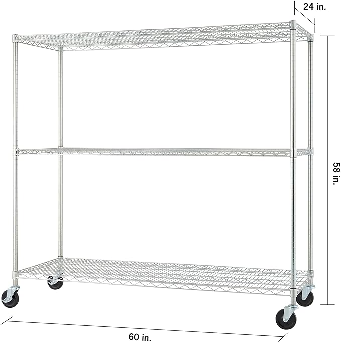 Trinity Basics 3-Tier Adjustable Wire Shelving with Wheels for Kitchen Organization, Garage Storage, Laundry Room, NSF Certified, 600 to 1350 Pound Capacity, 60” by 24” by 54”, EcoStorage Chrome