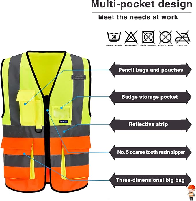 A-SAFETY Industrial Safety Vest, Hi Vis 9 Pockets High Visibility Zipper Front Reflective Safety Vest, Orange&Yellow Color Mixed, XL