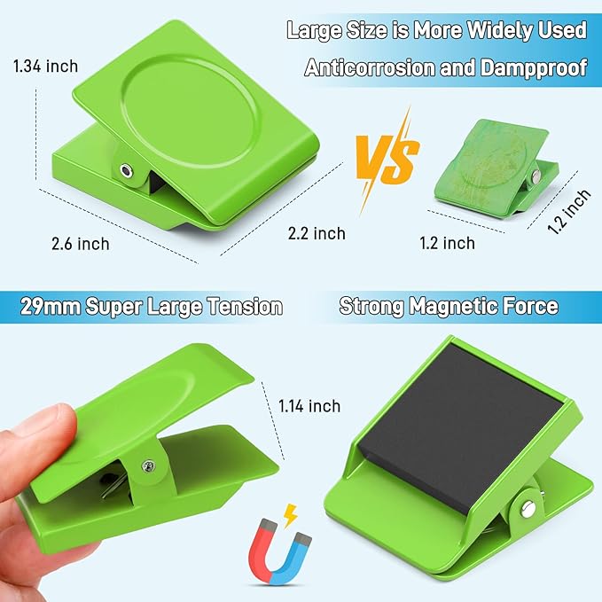 FINDMAG Extra Strong Magnetic Clips Heavy Duty, 4 Pack Super Large Magnetic Clips, Magnetic Christmas Light Clip for Home, Fridge, School, Kitchen (Green)