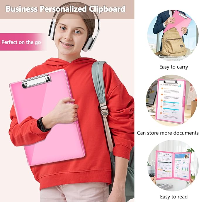 Clipboard with Storage,Heavy Duty Clip Boards 8.5x11 with 2 Storage Case,Clear Visible Top Panel Storage Clipboards,Side Opening Clip Boards,Nursing Clipboard Folder Case for Office Supplies-Pink