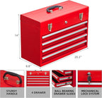 4 Drawers Metal Tool Box Portable Steel Tool Chest with Metal Latch Closure & Key Lock, 20" Powder Coating Top Storage Tray Toolbox with Handle, Suitable for Repair Shop & Garage (Red)