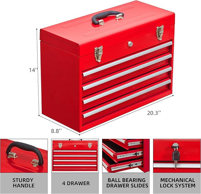 4 Drawers Metal Tool Box Portable Steel Tool Chest with Metal Latch Closure & Key Lock, 20" Powder Coating Top Storage Tray Toolbox with Handle, Suitable for Repair Shop & Garage (Red)