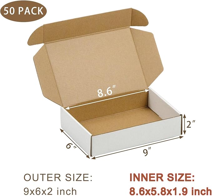 50 Pack 9x6x2 Inches Small Shipping Boxes, White Corrugated Cardboard Boxes, Moving Mailing Packing Box