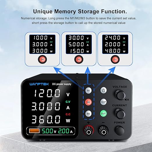 DC Power Supply Variable, 120V 3A Adjustable Switching Regulated Bench Power Supplies with Memory Preset/Locking Key/OCP Protection/Output/USB Fast Charging /4-Digit LED Display