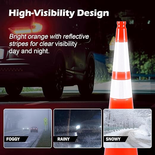 4 Pack 36 Inch Orange PVC Traffic Cones Black Base Stable Large Size, Highway Traffic Outdoor Construction Safety Warning Cones (4, Orange, 36 Inch)