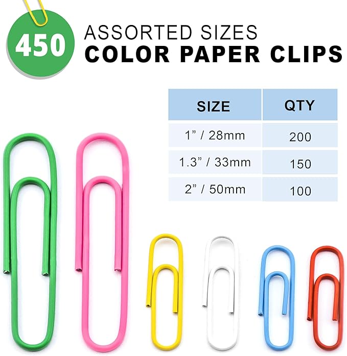 450 Color Paper Clips Assorted Sizes Small, Medium and Large Paper Clips for Paperwork Ideal for Home, School and Office Use (Assorted, Multicolored)