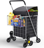Stairs Climbing Shopping Cart w/Waterproof Basket Liner & 360° Swivel Wheels | Foldable Collapsible & Lightweight | Perfect for Groceries Laundry Utility Cart - Silver