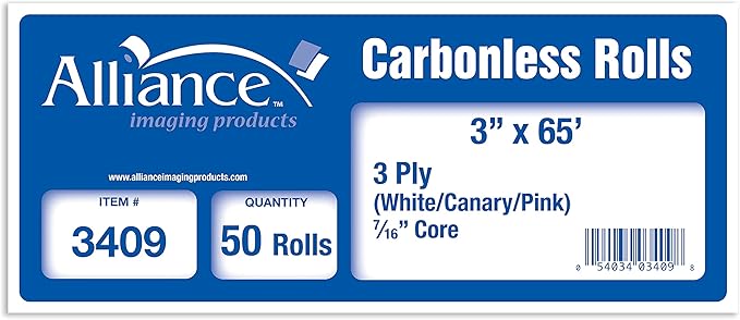 Alliance, Receipt Rolls, Paper, 3" x 65' x 7/16" Core, 3 Ply White/Canary/Pink, 50 Rolls Per Carton