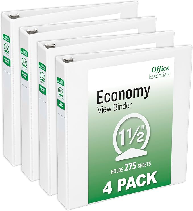 Office Essentials Economy View 3 Ring Binders, 1.5" Round Rings, 2.1" Spine, 275-Sheet Capacity, White Binders, Ideal for Occasional Use and Light Referencing (4-Pack of 03128)