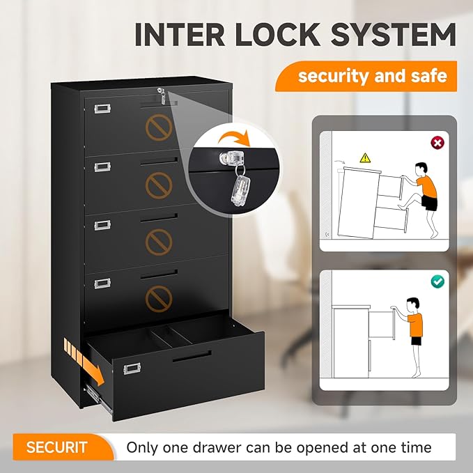 File Cabinet 5 Drawer, Lateral Filing Cabinet with Lock, Metal File Cabinets for Home Office, Office Cabinet for Hanging Files Letter/Legal/F4/A4, Assembly Required, Black
