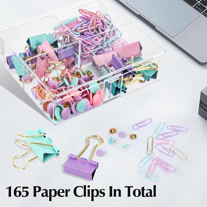 Cute Paper Clips Binder Clips Combo Set, 165 Psc, Assorted Size Paper Clips for Office, Cute Office Supplies Set, Purple (Unicorn Color)