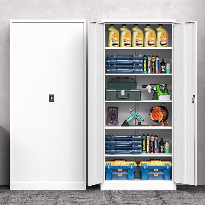 Metal Cabinet,71" Lockable Storage Cabinet with 2 Doors and 5 Adjustable Shelves,Tall Steel Cabinets for Garage,Home Office,Basement,School,Hospital(White)