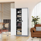 Metal Storage Cabinet-72” Tall Steel File Cabinets with Lockable Doors and Adjustable Shelves-White&Gray Steel Storage Cabinet for Home Kitchen, Office, Garage