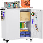 Aobabo 34.3'' H Metal Rolling Storage Cabinet, Locking Steel Storage Cabinet on Wheels with Pegboards and 4 Hooks, for Office, School, Home, Library, White, Assembly Required