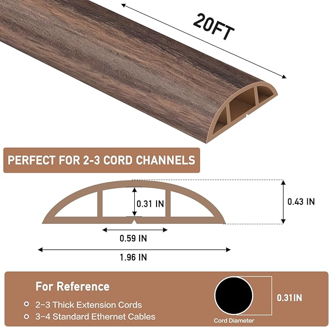 Floor Cord Cover Self Adhesive Cord Hider Floor Extension Cord Covers for Floor Power Cord Protector Cable Management Prevent Cable Trips Cable Cavity 0.59" W x 0.31" H (Smoked Brown Wood, 20Ft)