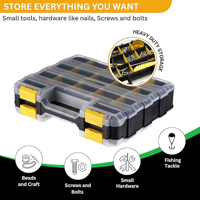 Andalus Tools Organizer Box, Small Parts Storage 34-Compartment Double-Sided Portable Hardware Organizer Removable Plastic Dividers for Screws, Nuts, Bolts, Nails – Yellow (2 Pack, 12.5" x 10.5" x 3")