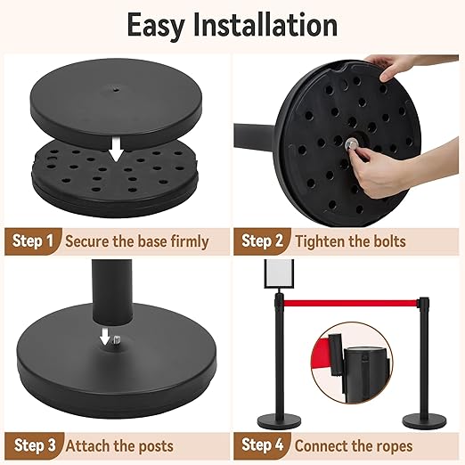 INMOZATA 6 Pack Retractable Belt Stanchions, Black Crowd Control Posts with 6.6FT Belts, Sign Holders, Heavy-Duty Steel Base – Ideal for Events, Auto Shows, Public Venues, Exhibitions