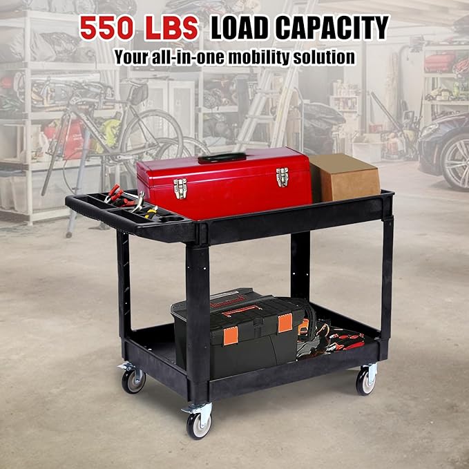 Industrial 2-Shelf Rolling Cart, 550 lbs Capacity Utility Cart with Locking Wheels, Large Plastic Service Cart for Warehouse Garage Workshop Kitchen Commercial Use, Black