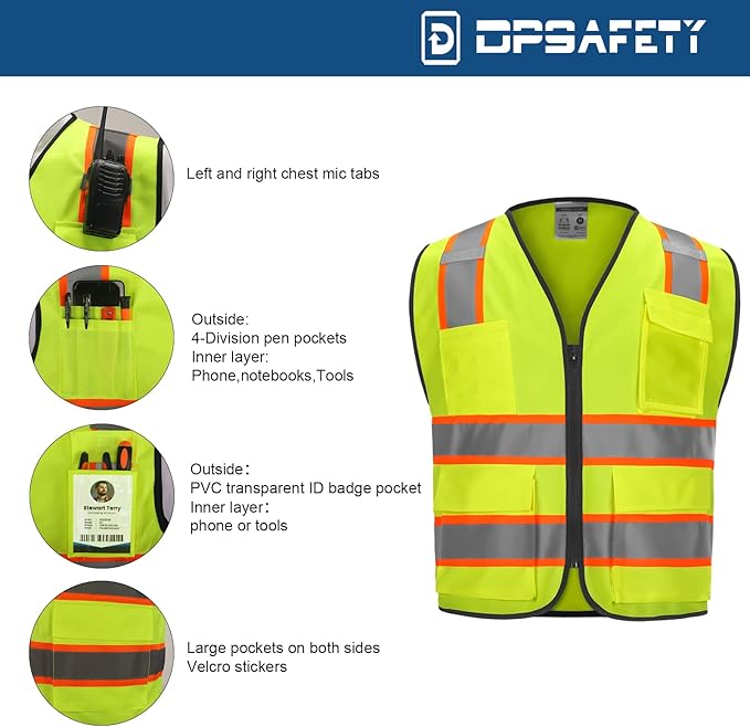 9 Pocket High Visibility Class 2 Safety Vest with Reflective Strips and Zipper Closure for Men & Women in Lime, 2XL