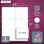 NextDayLabels – 4" x 3-1/3" Rectangular Sticker Labels for Printer - White Laser/Inkjet Printer Labels Return Address Labels Shipping Label Stickers (250 Sheets, 6 Per Sheet, 1500 Labels)