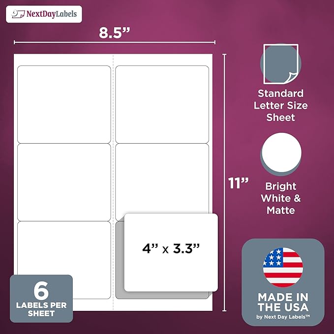 NextDayLabels – 4" x 3-1/3" Rectangular Sticker Labels for Printer - White Laser/Inkjet Printer Labels Return Address Labels Shipping Label Stickers (500 Sheets, 6 Per Sheet, 3000 Labels)