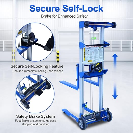 122" 400lbs Material Lift Winch Stacker, Hand Winch Lift Truck with Fixed-Leg, Manual Material Lifter Pallet Stacker for Contractor, Workshop, Industrial, 34.60" L x 24.80" W