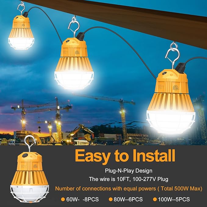 Construction Lights with 100W/80W/60W Adjustable, Linkable LED Temporary Work Light 5700K/5000K/4500K, AC100-277V, 13000LM Outdoor Jobsite Lighting Portable Hanging Work Light