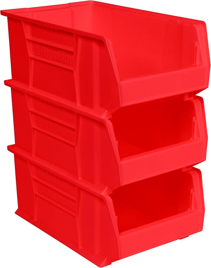 Akro-Mils 30281 Super-Size AkroBins Plastic Storage Bins, Space-Saving Stackable Bins for Garage, Classroom, Warehouse Organization, 20-Inch L x 12-Inch W x 8-Inch H, Red, 3-Pack