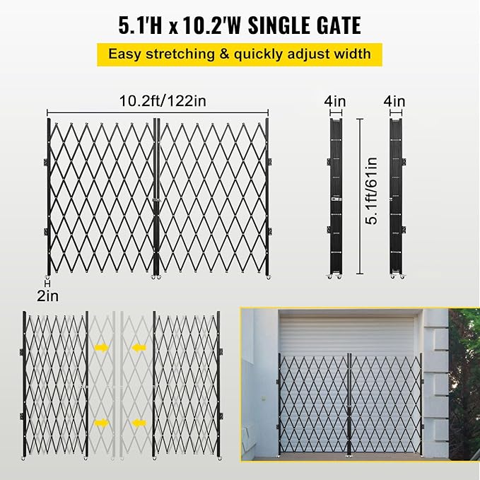 VEVOR Double Folding Security Gate, 61" H x 122" W Folding Door Gate, Steel Accordion Security Gate, Flexible Expanding Security Gate, 360° Rolling Barricade Gate, Scissor Gate or Door with Keys