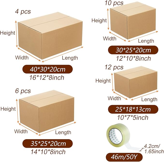 Outus 32 Pack 4 Sizes Shipping Boxes Mailers Corrugated Cardboard Box Kraft Mailing Boxes Small Packing Box with Packaging Tape for Shipping Packing Mailing (Kraft Color,Large)