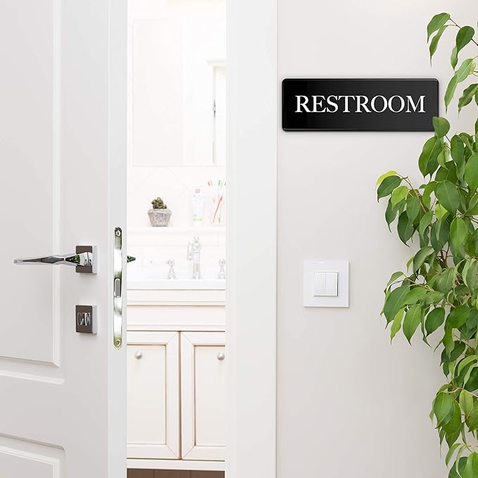 Restroom Sign - Ideal Bathroom Signs for the Office, Business or Home - 1 Pack - 9" by 3" - Apply to Door or Wall - Nice Bathroom Decor - Strong Double-Sided Adhesives
