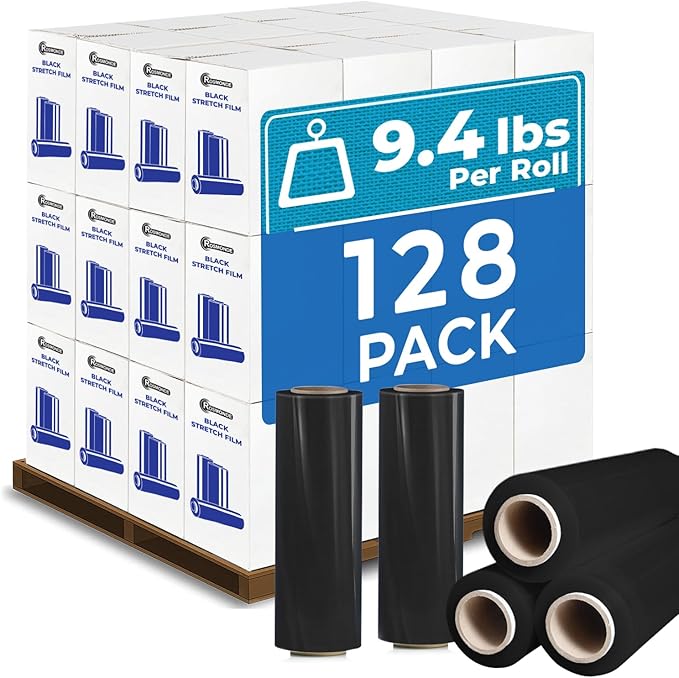 Rosmonde Black Plastic Wrap, 128 Rolls Bulk Pack, 80 Gauge Thick Shrink Wrap, True 18" x 1500 ft Industrial Strength, 9.4 lbs/Roll, Bulk Pallet Stretch Wrap for Warehouse, Moving and Secured Packaging