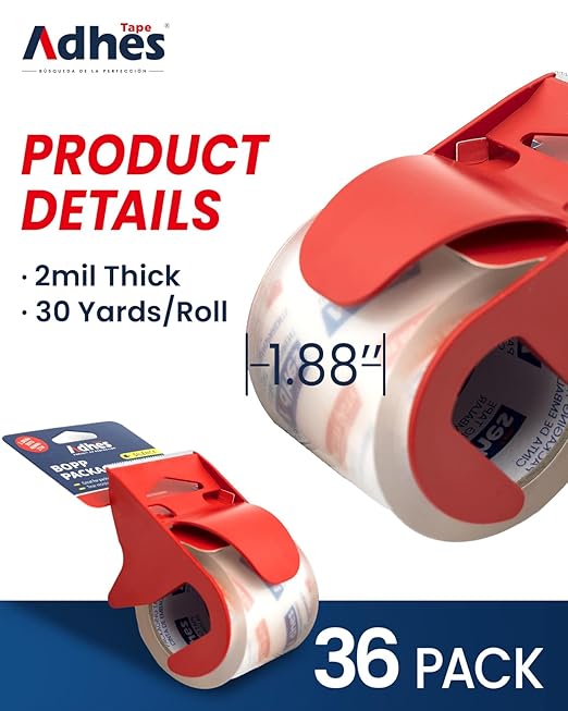 DHES No Noise Clear Packing Tape with Dispenser, 36 Pack 1.88 Inch x 30 Yards, 2.0mil Heavy Duty Shipping Tape Strong & Durable Packaging Tape for Shipping, Moving, Mailing and Sealing