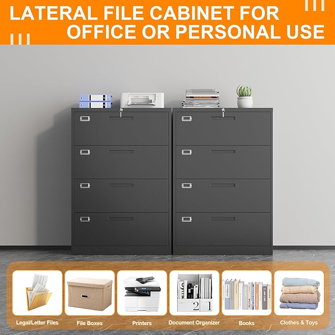 File Cabinet 4 Drawer, Lateral Filing Cabinet with Lock, Metal File Cabinets for Home Office, Office Cabinet for Hanging Files Letter/Legal/F4/A4, Assembly Required, Black