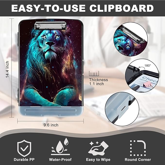 Clipboard with Storage,Heavy Duty Plastic Storage Clipboard with Low Profile Clip,Teacher Must Haves,Office Supplies,Cool Lion