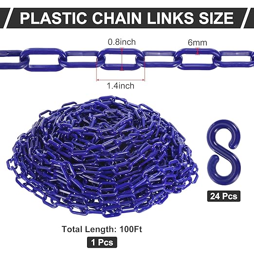 PATIKIL Plastic Chain Links, 100 Foot Safety Barrier Chain Blue for Crowd Control, Queue Line, Parking, Fence, Gate, Concert, Construction Site and Decoration