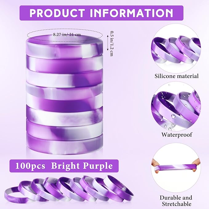 Liliful 100 Pcs Silicone Rubber Wristbands Rubber Wristband Bracelet Bands for Silicone Wristbands for Women Men(Purple and White)