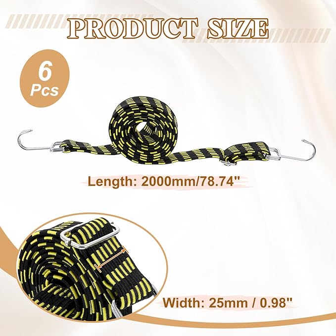 uxcell 6Pcs Adjustable Bungee Cords with Hooks, 79 Inch Flat Heavy Duty Elasticity Straps Rubber Bungee Cords with Buckle for Outdoor, Camping, Tarp, Bike Rack, Luggage, Black Yellow