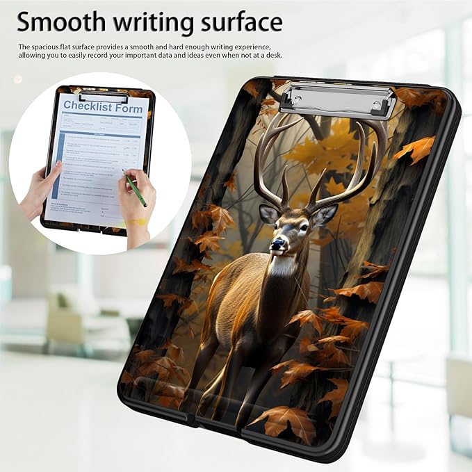 Clipboard with Storage,Office Supplies Nursing Clipboards Folder with Pen Holder Plastic Foldable Clip Board with Storage for Nurse Teacher,Camouflage Forest Deer