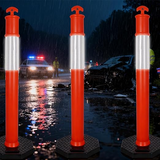 46” Traffic Delineator Post Cones with Stable Carbon Steel Base and Reflective Bands, Channelizer Post Kit, Delineator Post for Road Safety and Event Management (3 Pack)