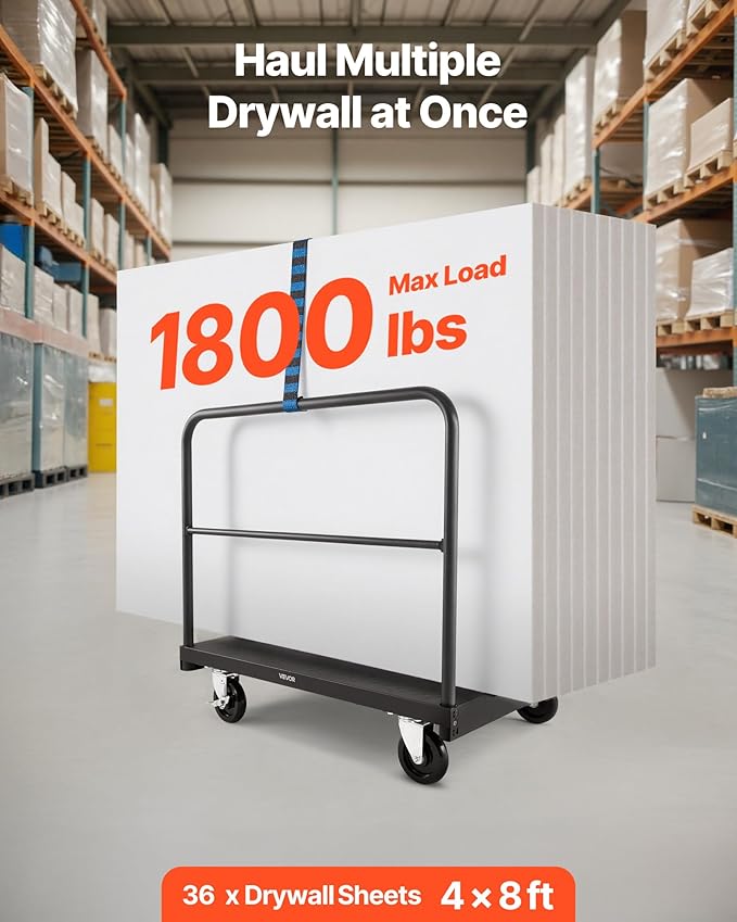 VEVOR Drywall Cart Dolly, 1800 lbs Load Capacity, 2-in-1 Steel Panel Truck Cart with 5 inch Swivel Casters, 36 x 24 inch Platform Truck with 4 Side Handrails for Factory, Warehouse, Garage, Black