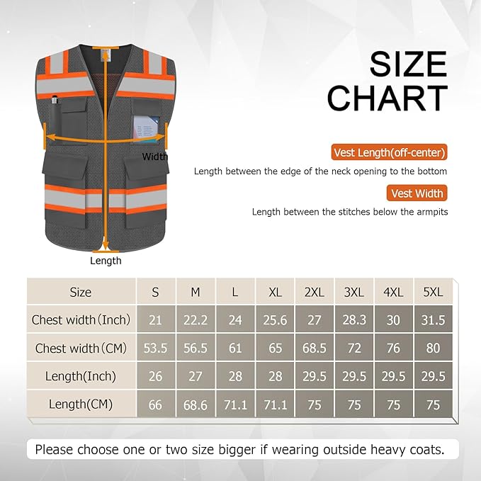 TCCFCCT Reflective Vest 5 Pockets Mesh Safety Vest with Reinforced Zipper, High Visibility Surveyor Work Vest for Men Women with Fluorescent Orange Edge, Durable to Use, Meets ANSI/ISEA,DW-Grey, 4XL