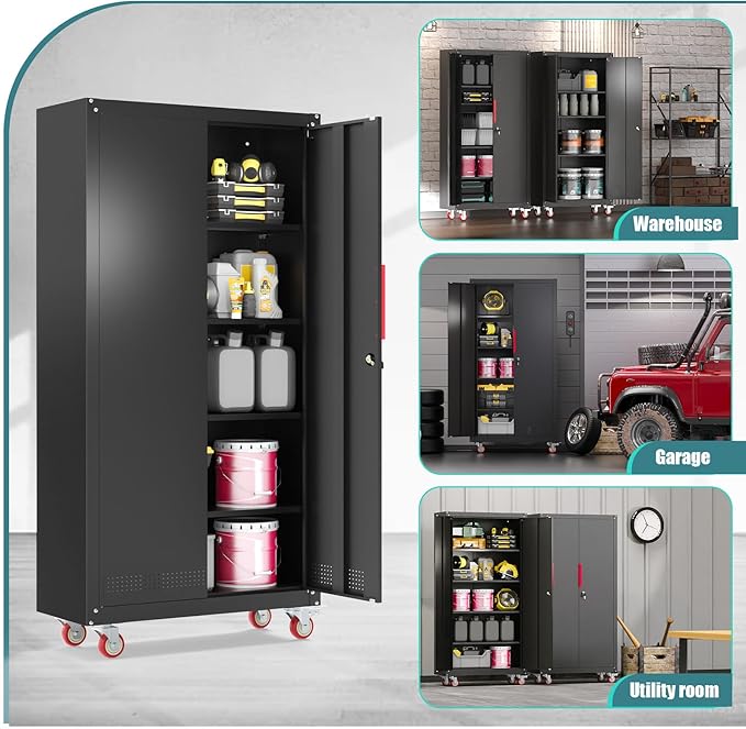 Metal Garage Cabinets with Wheels| 71" Steel Lockable Garage Storage Cabinet with 4 Adjustable Shelves, Heavy-Duty Tool Storage Cabinet for Home, Basement, Workshop (Black)