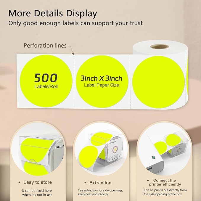 3X3Inch Round Thermal Labels Circle Color Coding Labels Printable Waterproof 500PCS Round Stickers Adhesive Writable for Office, Garage, DIY Sticker, Barcodes, Name Tag, Fluorescent Yellow