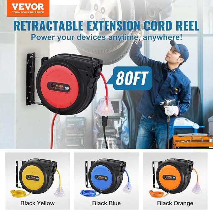 VEVOR 80FT Retractable Extension Cord Reel, 12AWG/3C SJTOW Heavy Duty Power Cord w/Lighted Electrical Triple Tap Outlets, 15A Circuit Breaker,180° Swivel Bracket for Workshop or Garage, Red