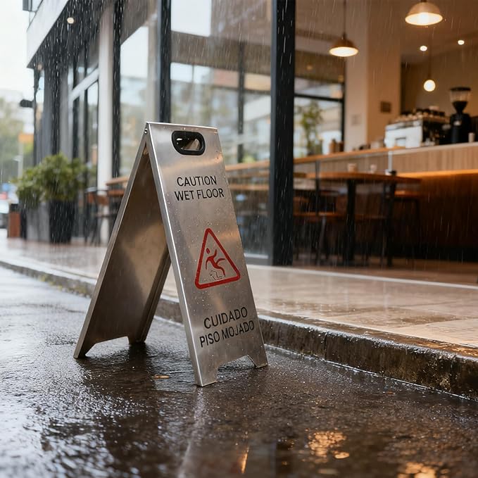 4 Pack Stainless Steel Wet Floor Sign, 24 Inch Caution Wet Floor Sign Portable Foldable Bilingual Safety Warning for Hotel Market Restroom Restaurant Office (Silver)