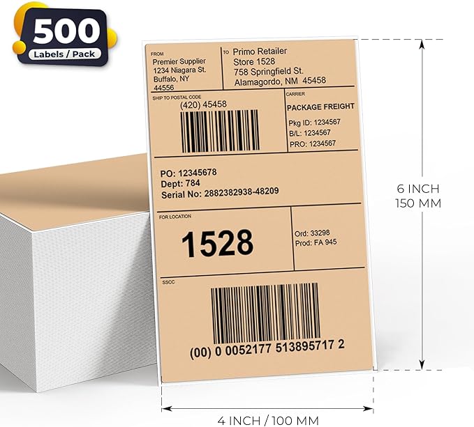 Khaki Direct Thermal Labels 4 × 6 Inch Vinyl Self-Adhesive Fanfold Shipping Stickers Waterproof Perforated Printer Decal for Office School Warehouse 500 PCS