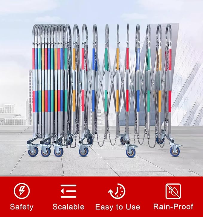 Stainless Steel Expandable Safety Barriers with Wheels - Foldable Crowd Control for Schools, Construction Sites, Garages, Roads (1.1x6m/3.6x19.7ft)